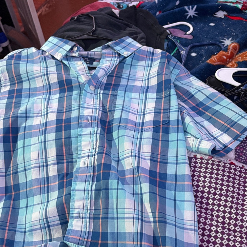 Men Plaid Short Sleeve Shirt - Blue and Green
